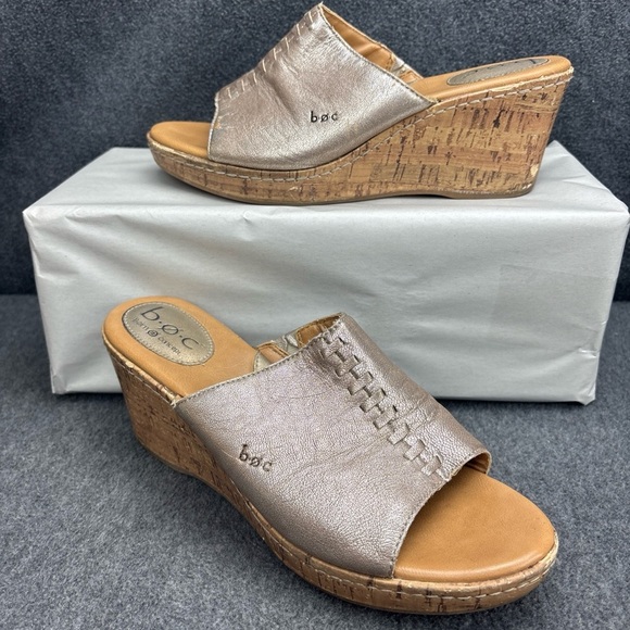b.o.c. Shoes - Women's B.O.C Born Concept Gold Leather Cork Wedge Mules Size 9 M GUC